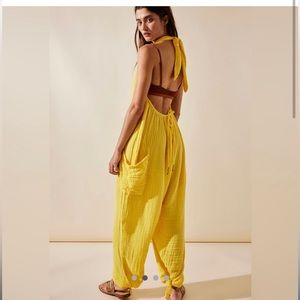 Free People Free-est Knot It Up Low Back Jumpsuit Halter Bohemian Gauze Yellow